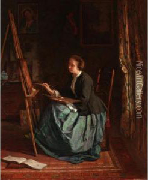 Madame Leleux, The Artist's Wife, At Her Easel Oil Painting - Armand Hubert Simon Leleux