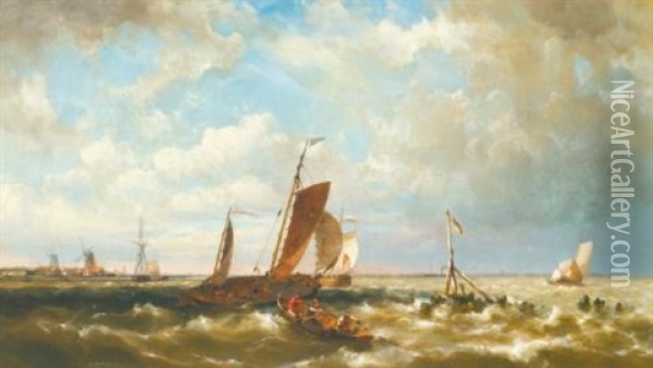Shipping In An Estuary, With Windmills In The Background Oil Painting - Hermanus Koekkoek the Younger