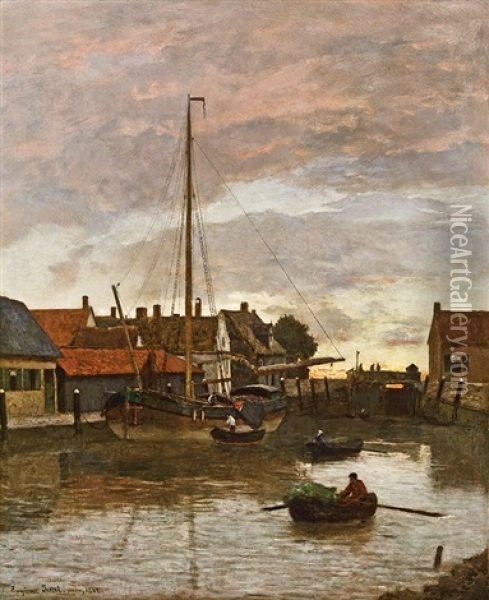 Evening In A Harbour Oil Painting - Eugen Jettel