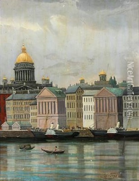 View From St. Petersburg At The Neva River Overlooking The Isaac Cathedral Oil Painting - Edvard Skari