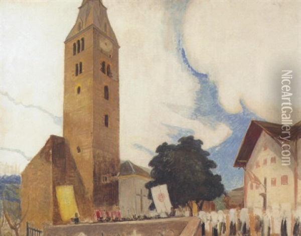 Le Retour De La Procession. Die Kirche Von Saviese Oil Painting - Ernest Bieler