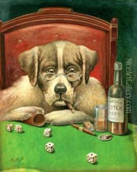 Judge St. Bernard Playing Dice Oil Painting - Henry W. Peckwell