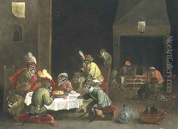 Monkeys in a Guard Room Interior Oil Painting - Ferdinand van Kessel