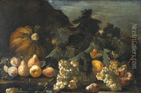 A Pumpkin, Grapes And Pears On A Table Top Before An Open Landscape Oil Painting - Michelangelo di Campidoglio