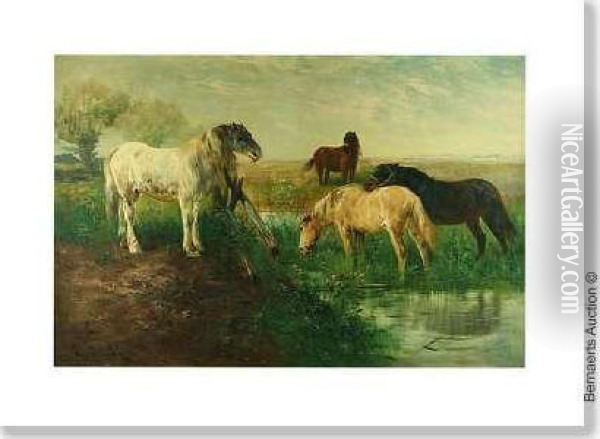 Four Horses Atthe Watering Place Oil Painting - Henry Schouten