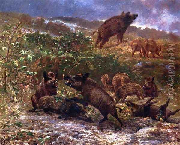 A Family of Wild Boar Oil Painting - Karl Bodmer