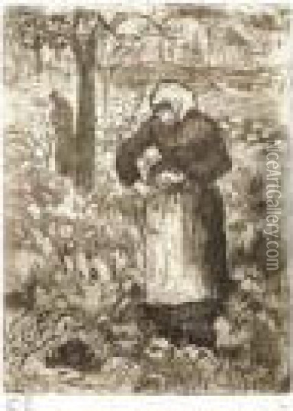 < Paysanne Dans Les Choux >, 1923. Oil Painting - Camille Pissarro