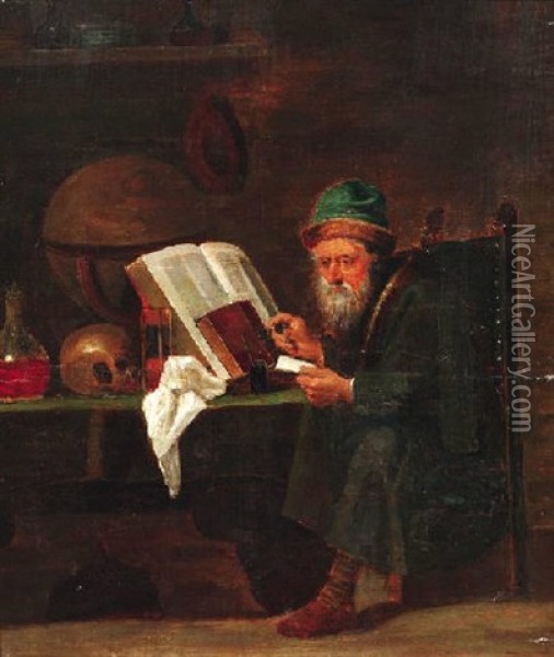 Gelehrter In Seinem Studierzimmer Mit Globus Und Totenschadel Oil Painting - Matheus van Helmont