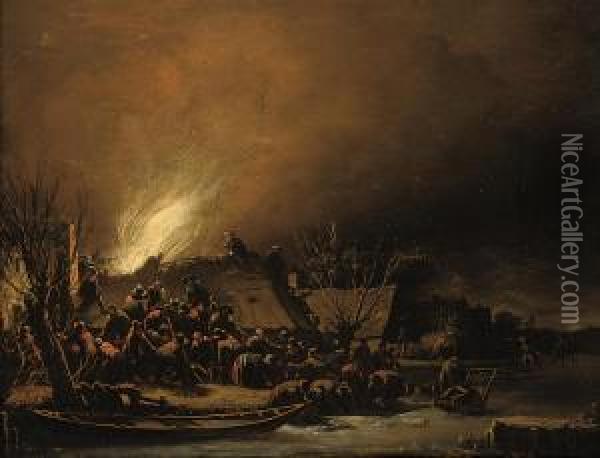 A Fire In A Village At Night Oil Painting - Egbert van der Poel