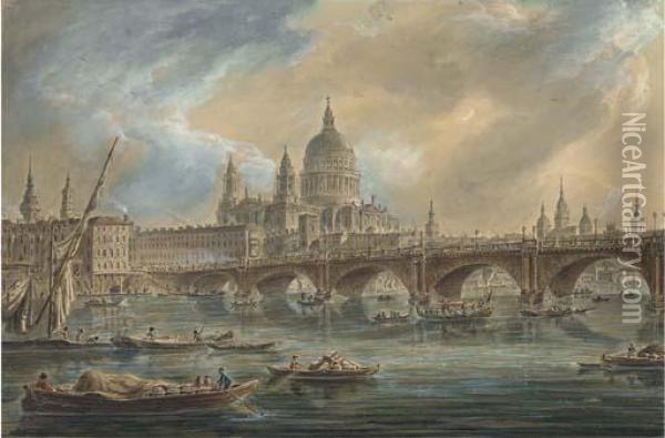 Saint Paul's Cathedral And Blackfriars Bridge Seen From The Thames Oil Painting - Jean Baptiste Genillion
