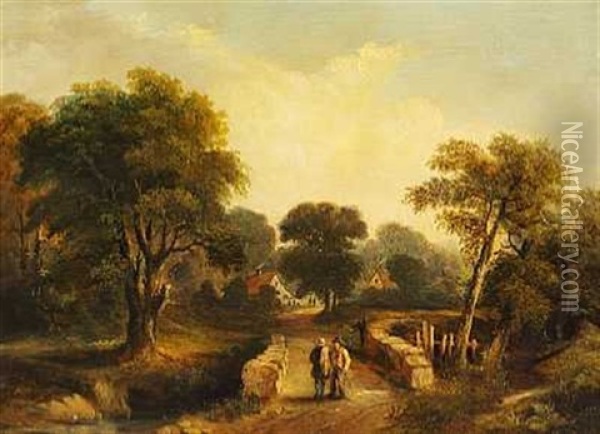 To Personer Krydser Broen Der Forer Ind Til Landsbyen Oil Painting - Frederick Richard Lee