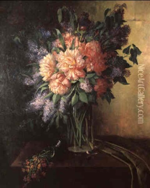 Nature Morte Au Bouquet De Pivoines Et Lilas Oil Painting - Gustave Bourgain