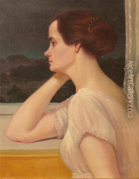 Wunderwalds Erste Ehefrau Am Fenster Vor Dem Nachtlichen Westend Oil Painting - Gustav Wunderwald