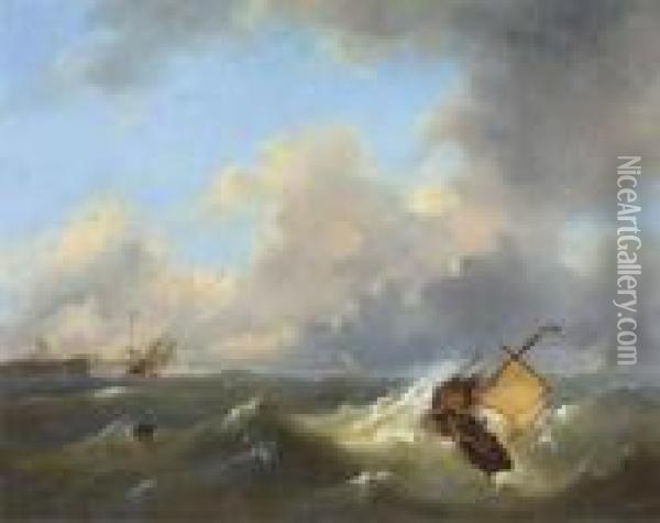 Shipping On A Choppy Sea By A Coast Oil Painting - Govert Van Emmerik