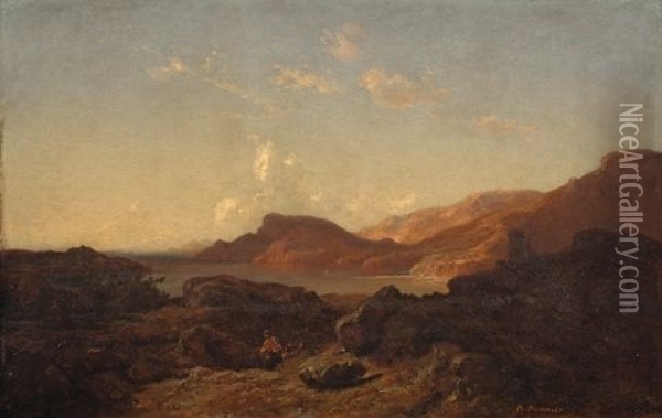 Zwei Fischer In Felsiger Kustenlandschaft (dalmatien/montenegro) Oil Painting - Carl Robert Kummer