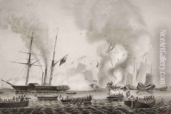 The Hon. East India Companys steamer Nemesis and the boats of The Sulpher, Calliope,Larne and Starling destroying the Chinese war junks in Ansons Bay. January 7, 1841, illustration from Englands Battles by Sea and Land by Lieut. Col. Williams Oil Painting - G.W. Terry
