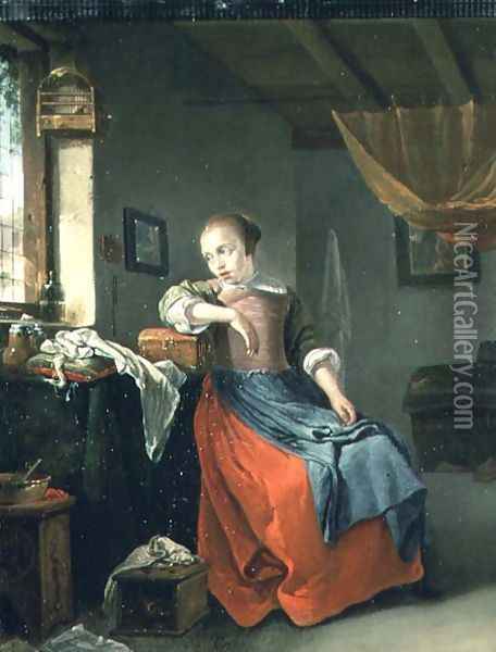 Young Girl Seated Before a Window Oil Painting - Thomas Wyck