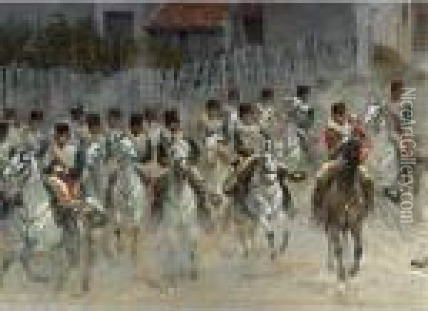 Chasseurs De La Garde
:
 A Fragment Of The Panorama De Rezonville Oil Painting - Jean Baptiste Edouard Detaille