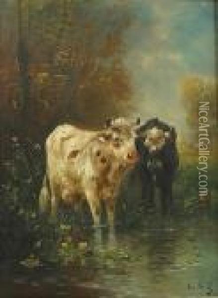 Koeien Aan Het Water. Oil Painting - Henry Schouten