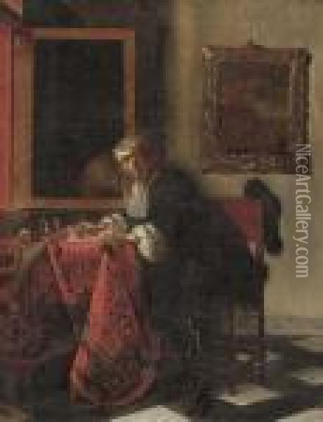 A Gentleman Writing A Letter In An Interior, By An Openwindow Oil Painting - Gabriel Metsu