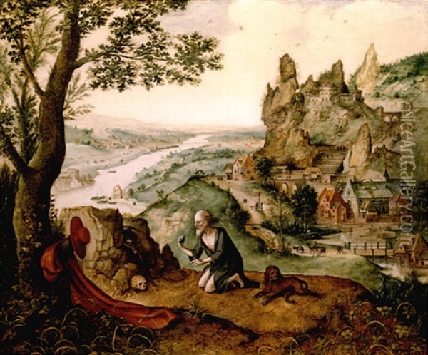 Landscape With The Penitent Saint Jerome Oil Painting - Lucas Gassel