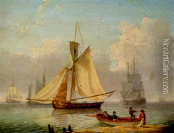 A Gaff Rigged Armed Cutter And Other Shipping Oil Painting - William Anderson