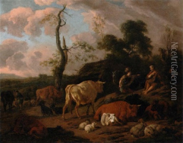 An Italianate Landscape With A Traveller Asking Directions Of A Shepherd Surrounded By Sheep And Cattle Oil Painting - Dirk van Bergen