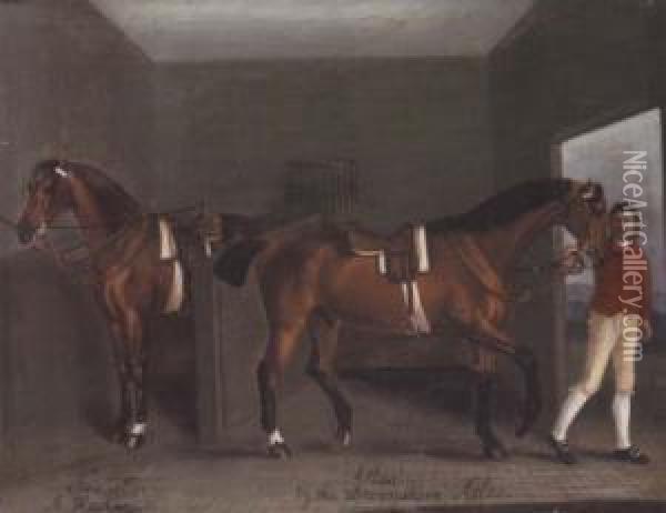A Stable Interior With The Racehorses ``traveller`` And ``atlas`` Held By A Groom Oil Painting - J. Francis Sartorius