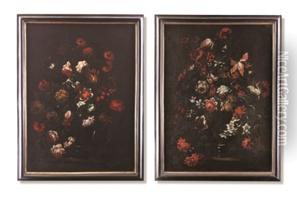 Pair Of Floral Still Lifes Oil Painting - Mario Nuzzi