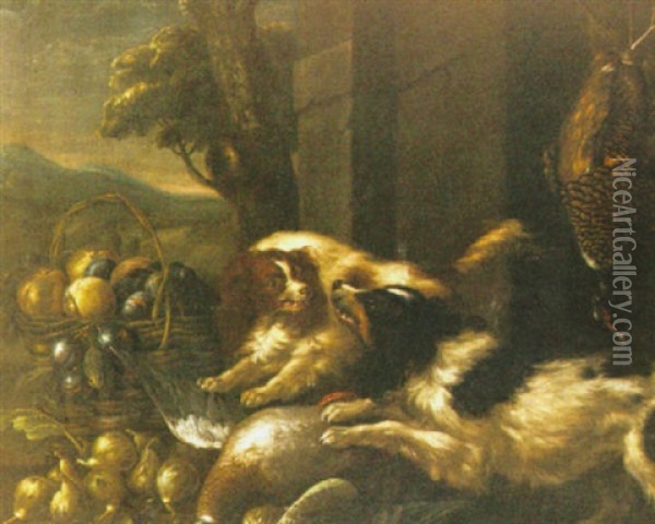 Stilleben Med Hundar Och Faglar Oil Painting - Giovanni Agostino (Abate) Cassana