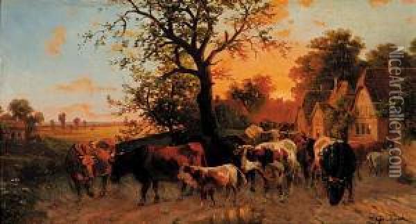 Untitled - Cattle In The Lane Oil Painting - Gerhard Sy