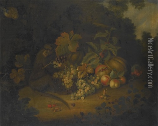 Still Life Of Fruit With A Monkey Oil Painting - George William Sartorius