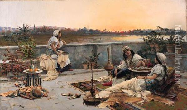 The Harem Resting At Sunset With Constantinople Beyond Oil Painting - Jose Echena