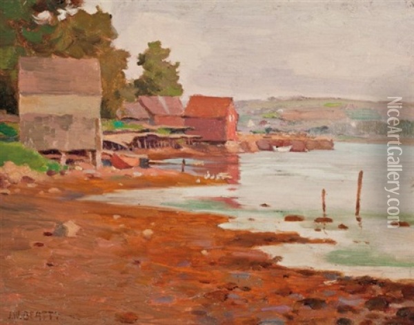 Boathouses At Low Tide Oil Painting - John William Beatty