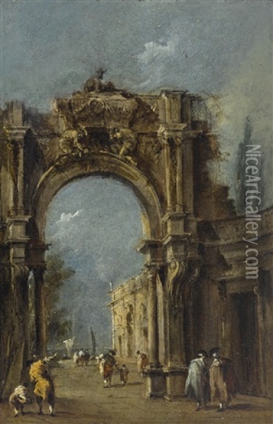 A Capriccio Of An Archway, With Figures Beneath And A Lagoon Beyond Oil Painting - Francesco Guardi
