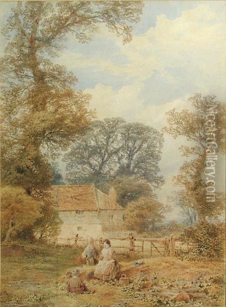 Figures In A Field By A House Oil Painting - Myles Birket Foster