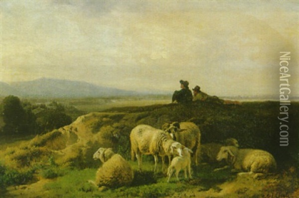 Zwei Hirtenknaben Mit Schafen Auf Einer Anhohe Im Voralpenland Oil Painting - Robert Eberle