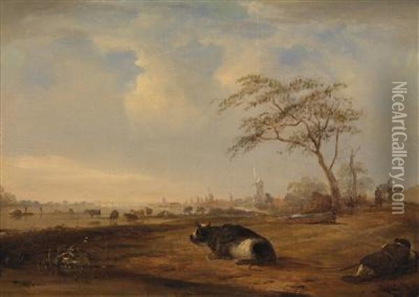 Wide Dutch River Landscape With Grazing And Resting Cattle Oil Painting - Janbaptist Ii Kobell