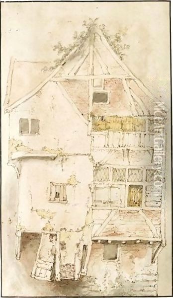 Study Of A Tall, But Ramshackle Gabled House Oil Painting - Cornelis Dusart