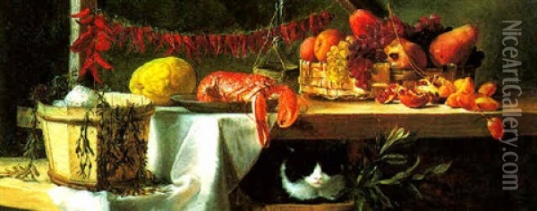 A Still Life With A Cat Oil Painting - Daniel Hock