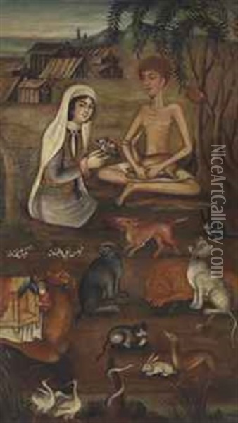 Layla Encounters Majnun In The Wilderness Oil Painting - Muhammad Zaman III