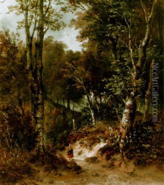 A Peasant Woman On A Path In A Wooded Landscape Oil Painting - Josefus Gerardus Hans