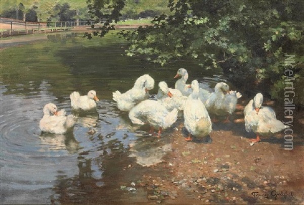 Am Ententeiche: Ducks In A Pont Oil Painting - Franz Graessel