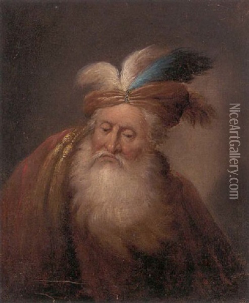 Portrait Of An Old Man With A Beard, Wearing A Turban And A Red Mantle Oil Painting - Christian Wilhelm Ernst Dietrich