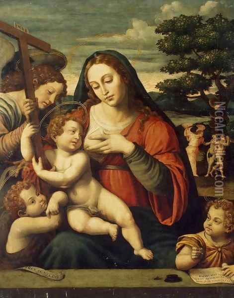 Virgin and the Child with Sts John the Baptist and John the Evangelist Oil Painting - Juan De (Vicente) Juanes (Masip)