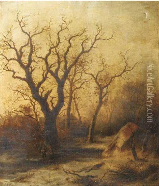 Woodgatherers On A Frozen River Oil Painting - Pieter Lodewijk Francisco Kluyver
