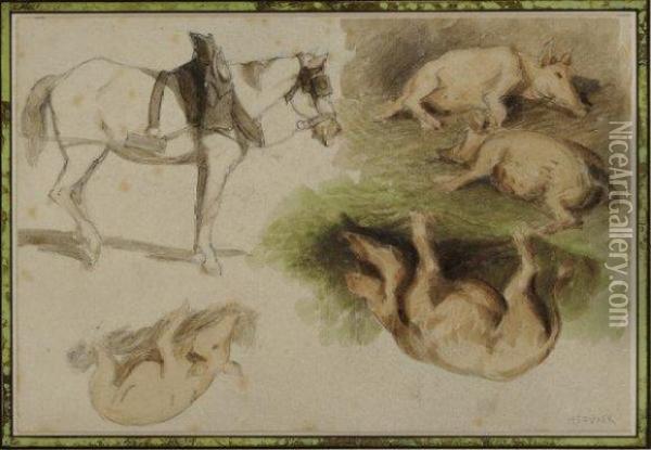 Etudes De Cheval Et De Cochons Oil Painting - Louis Adolphe Hervier