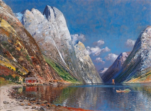 Large Fjord Landscape Oil Painting - Johann Holmstedt