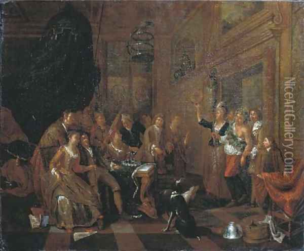Elegant company feasting in an interior, a man dressed as Bacchus entering the room Oil Painting - Balthasar Van Den Bossche