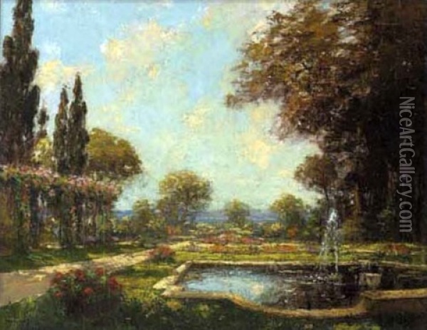 Fountain In A Summer Garden Oil Painting - Henri Malfroy-Savigny